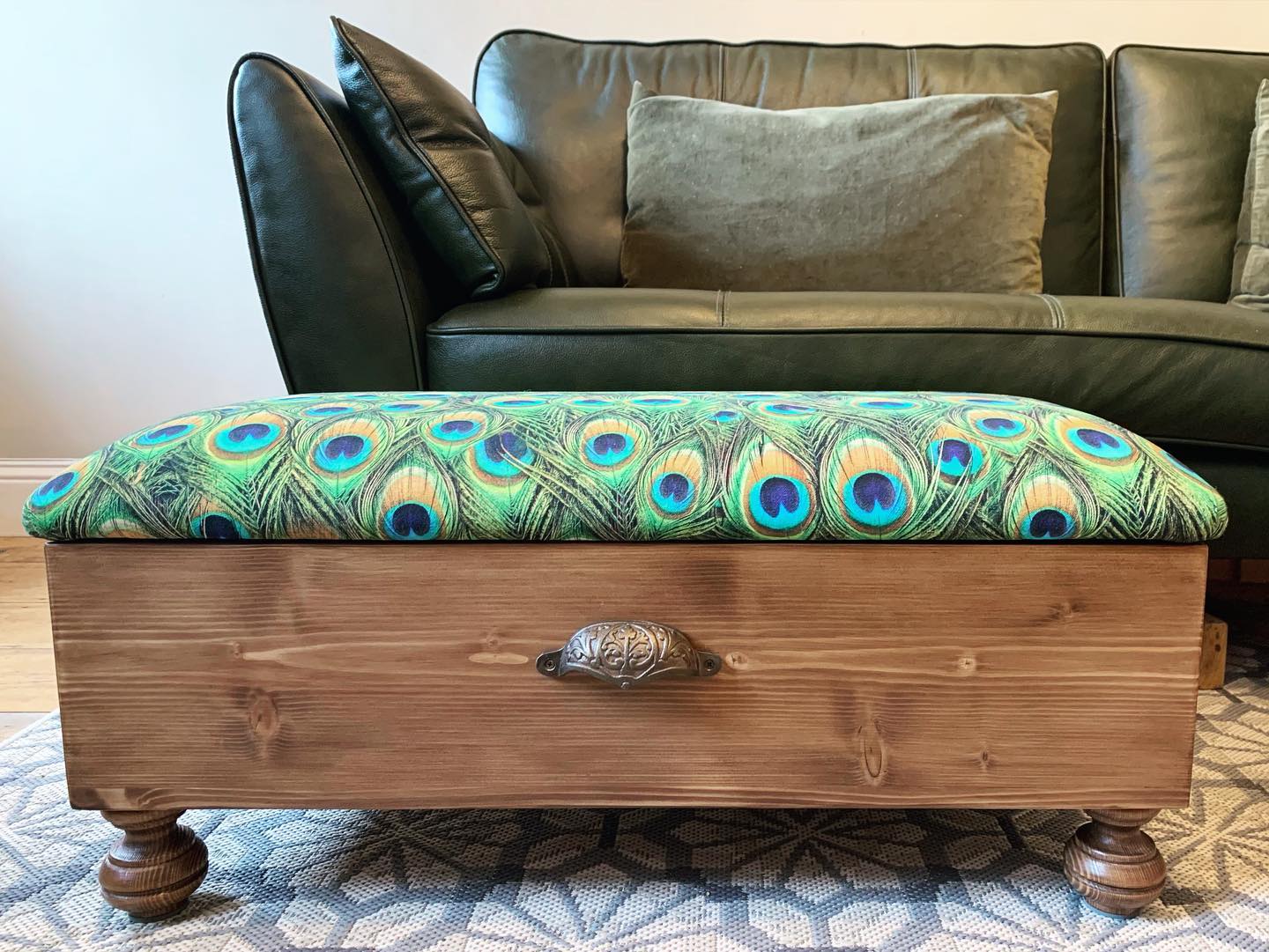This bespoke blanket box is settling in nicely to its new home 🦚 ...#bespoke #handcrafted #homedecor #home #peacock #beautifulprints #fabric #textiles #interiordesignideas #storagesolutions #livingroomdecor #blanketbox #woodworking #gingerandtweed