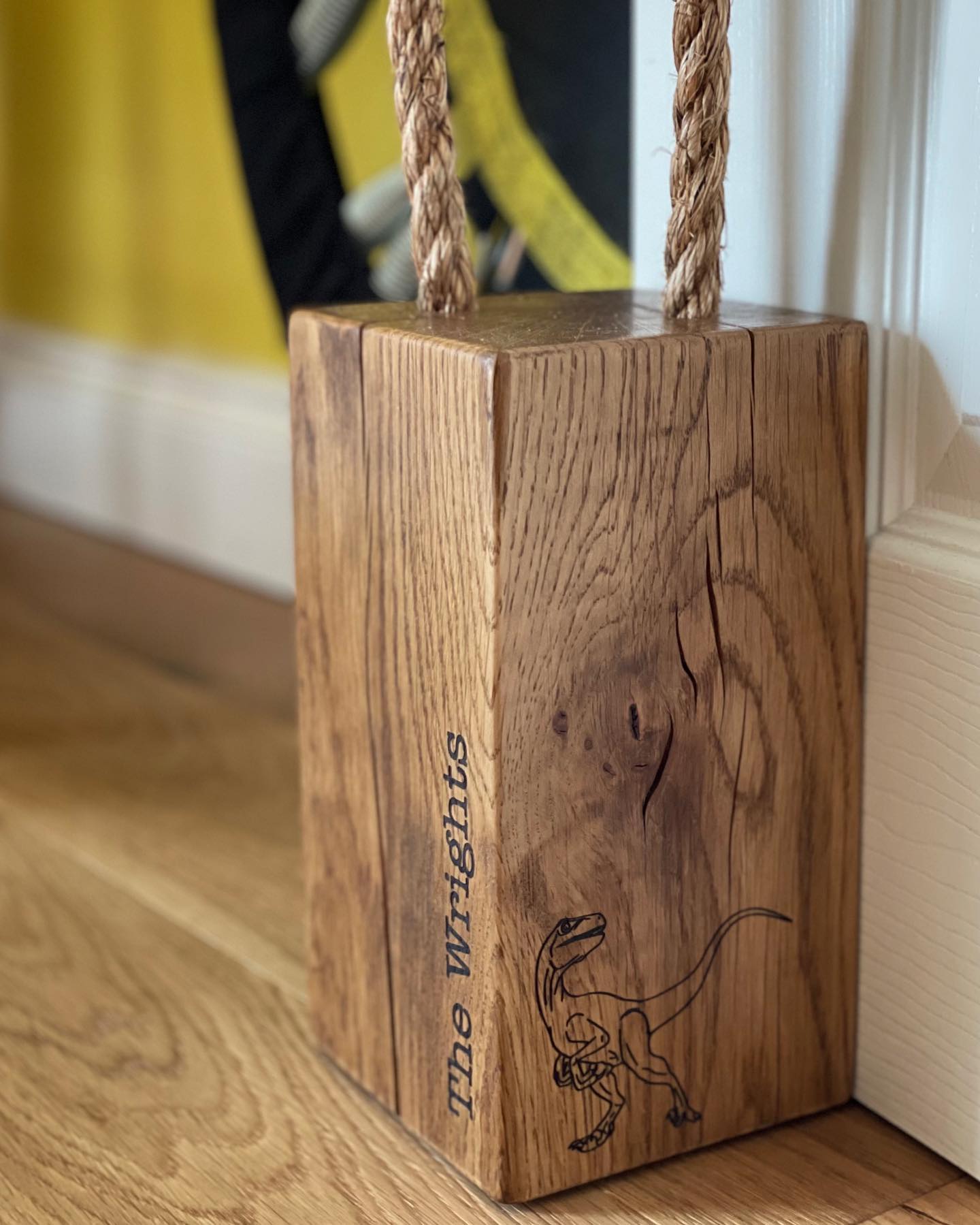 A lovely doorstop commission for my brother ?And a great snap of it in action!...#personalise #handcrafted #homedecor #lifestylephotography #home #doorstop #solidoak #raptor #family #gingerandtweed