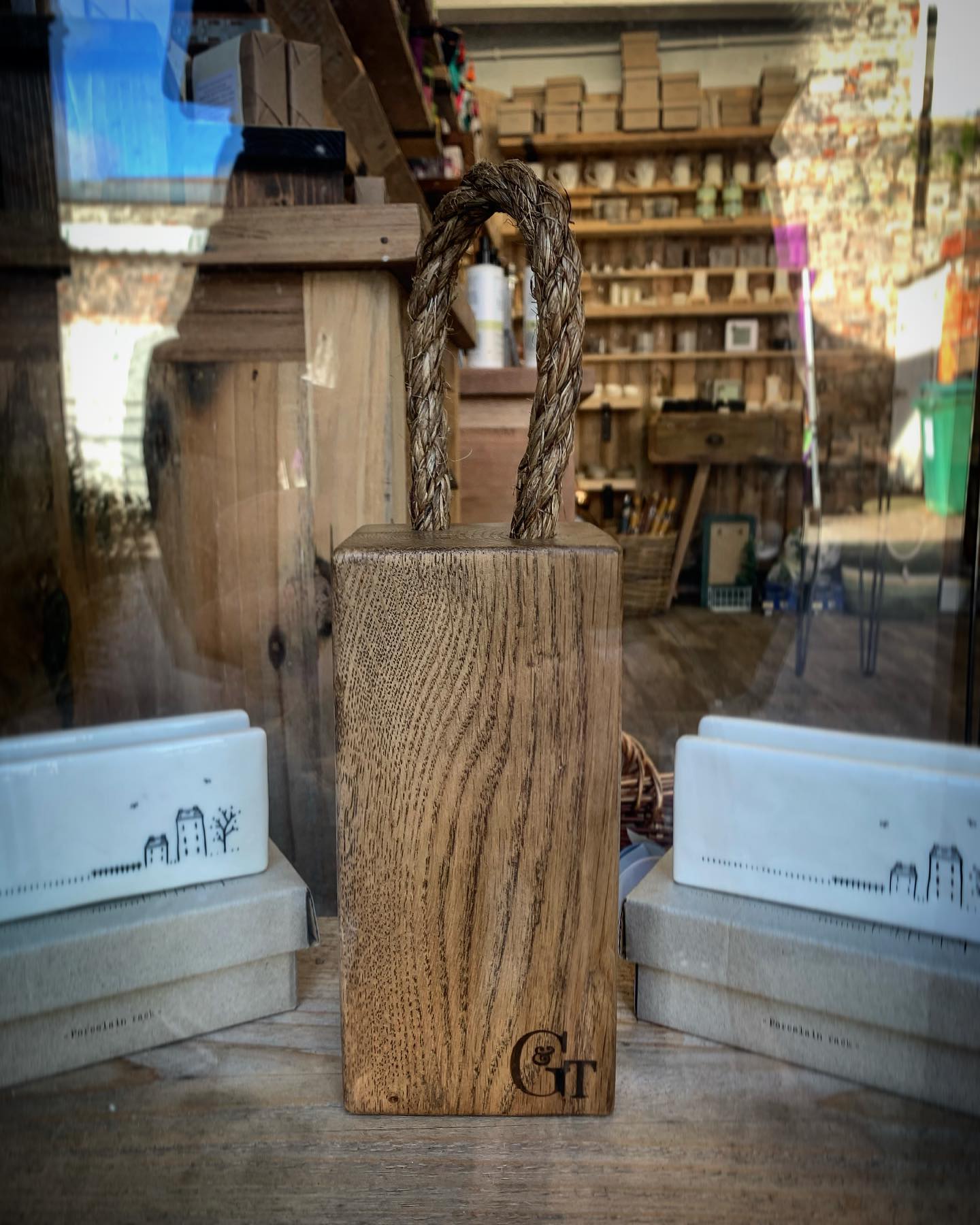 So wonderful to see our oak doorstops in @sageandbumble today! What a beautiful shop! And it smells divine! Super chuffed that they’re now stocking some G and T products ️#newstockist #giftshop #wells #shopsmall #shopindependent #handcrafted #homewares #unique #crafted #localhighstreet #gingerandtweed